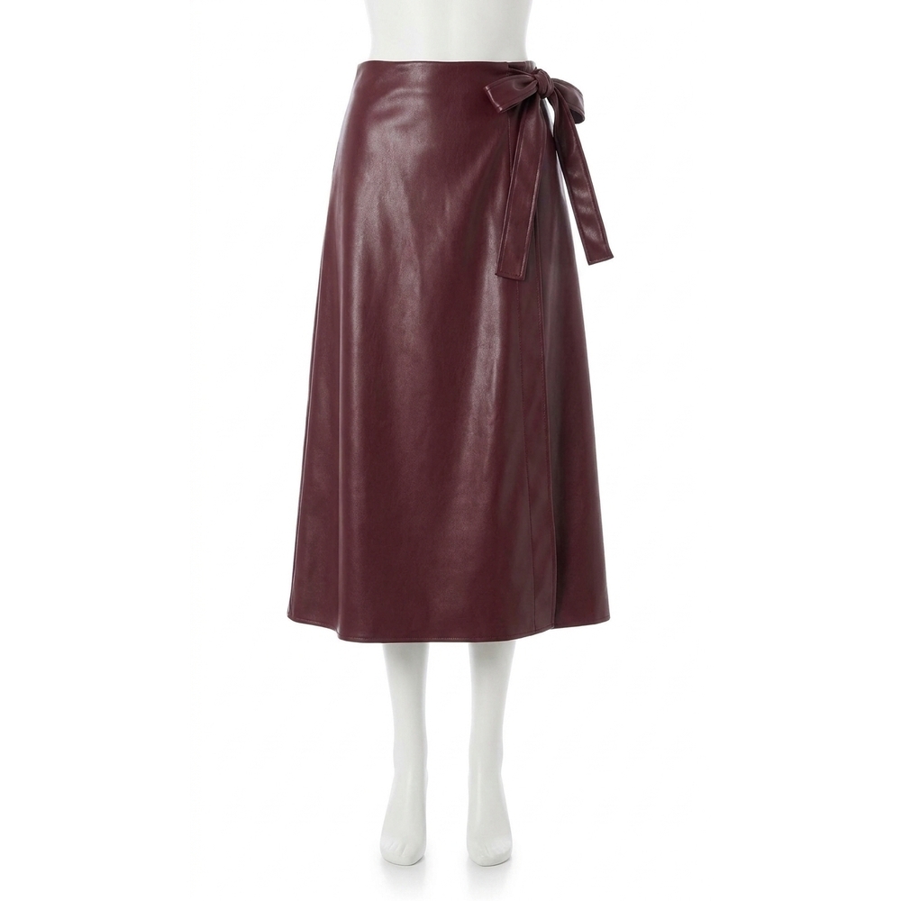 NEW MILLY women vegan leather bow midi skirt in deep burgundy